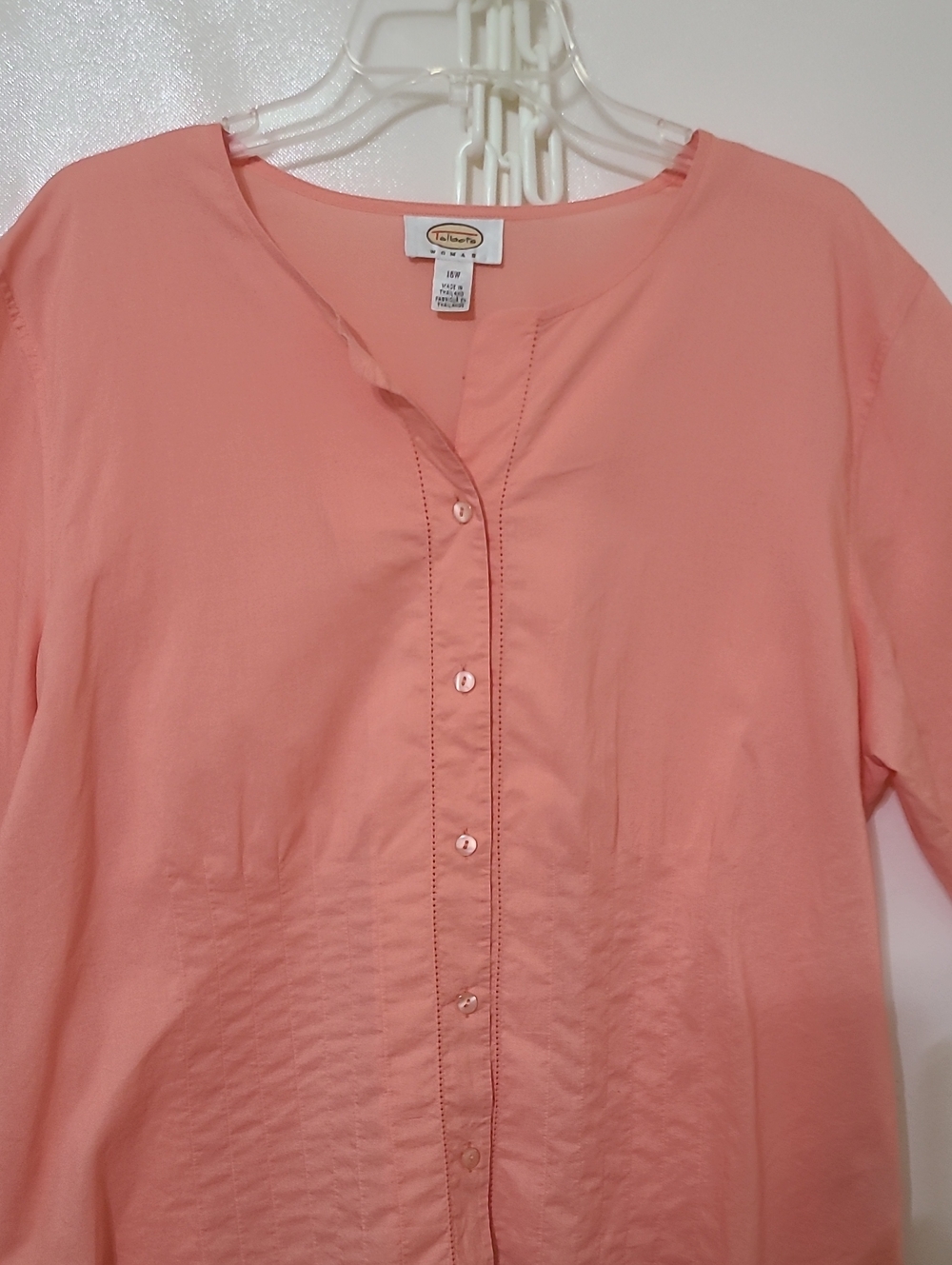 Talbots Women's Coral Button-Down 3/4 Sleeve 100% Cotton Blouse - Size 16W